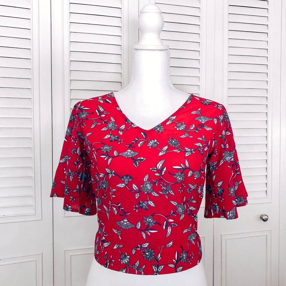 ✨Oriental Floral Red & Blue Open Back Blou…